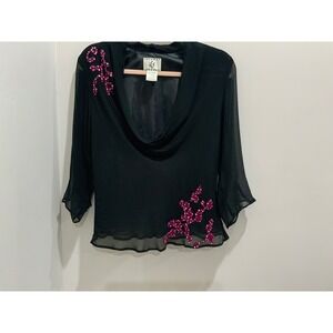 ICE Black 100% Silk Blouse Pink Sequin Beaded Cowl Neck Sheer Sleeve Top Size 12
